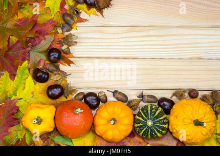 Bunte herbstliche Laub und Kürbisse liegen auf Holzbrettern Stockfoto