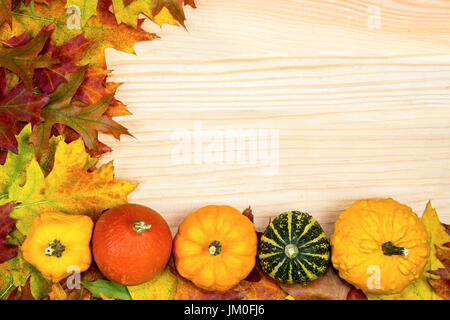 Bunte herbstliche Laub und Kürbisse liegen auf Holzbrettern Stockfoto