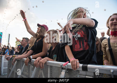 BONTIDA, Rumänien - 16. Juli 2017: Menge von jubelnden Menschen feiern während eines Konzerts Suie Paparude Electric Castle Festival Stockfoto