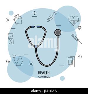 Plakat weißen Hintergrund mit schwarzen Silhouette Ikonen der Gesundheitskontrolle im Hintergrund und bunte Stethoskop Symbol in Nahaufnahme Stock Vektor