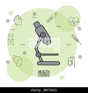 Plakat weißen Hintergrund mit schwarzen Silhouette Ikonen der Gesundheitskontrolle im Hintergrund und bunten Mikroskop Symbol in Nahaufnahme Stock Vektor