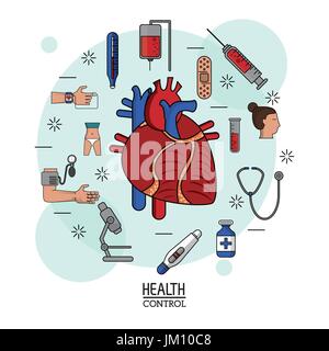 Bunte Poster der Gesundheitskontrolle in weißem Hintergrund mit menschlichen Herzens System in Nahaufnahme und icons Stock Vektor