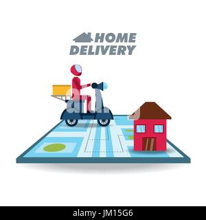 Kurierdienst mit Box-Paket in der Motorrad und Karten Stock Vektor