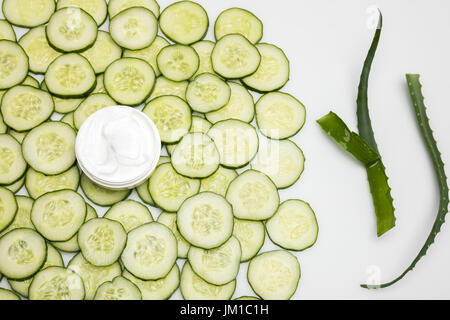 Draufsicht der Gesichtscreme in Container und Gurkenscheiben mit Aloe Vera Blättern isoliert auf weiss Stockfoto
