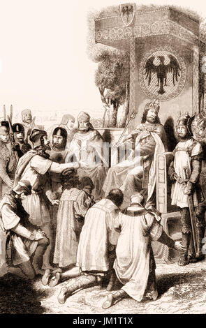 Sächsischen Adligen zusammen mit Heinrich IV., nach der ersten Schlacht von Langensalza am 9 Juni 1075 Stockfoto