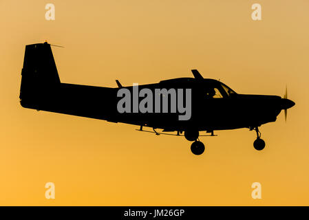 Turbo Propeller Flugzeug Landung in Turin Aeroclub, nachdem der letzte Flug des Tages. Orange Sonnenuntergang Silhouette. Siai Marchetti 208 Italienische Flugzeug Stockfoto