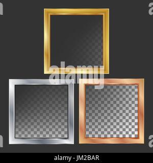 Gold, Silber, Bronze, Kupfer Metallrahmen Vektor. Platz. Realistische Metallplatten Illustration Stock Vektor