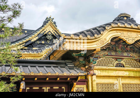 Bunte Dach Detail Toshogu Jinja Schrein im Ueno Park, Tokyo, Japan. Es wurde 1627 erbaut und dem Gedenken an Tokugawa Ieyasu gewidmet. Stockfoto