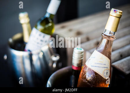 gemischte Flaschen Wein Gourmet im Eiskübel Kühler bei Bar Stockfoto