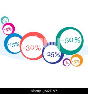 Vektor-Illustration von verschiedenen Rabatten für Märkte und Geschäfte. Bezeichnung für Shop. Schlussverkauf im Laufe des Jahres. Stock Vektor
