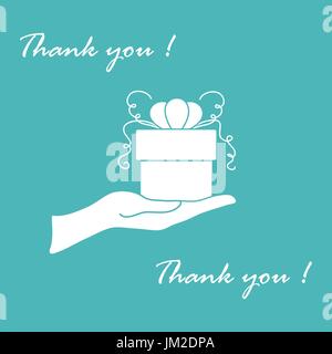 Niedliche Bild mit Hand, ein Geschenk und eine Inschrift: Ich danke Ihnen auf einem farbigen Hintergrund. Stock Vektor