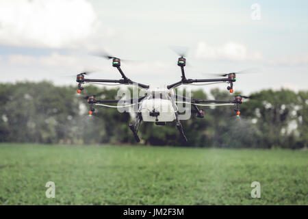 Landwirtschaft-Drohne fliegen gespritzte Dünger auf den Reisfeldern. Stockfoto