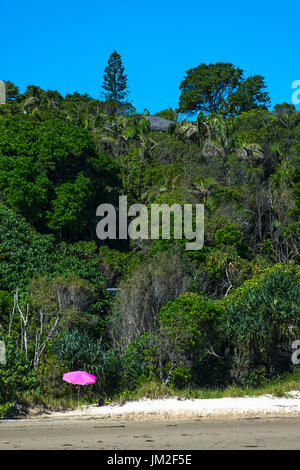 Ein rosa Regenschirm am Ende des Strandes steht im Gegensatz gegen das Grün der Naturreservat nach hinten. Byron Bay, New South Wales, Australien. Stockfoto