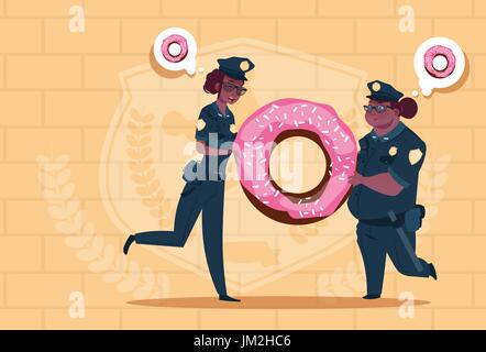 Zwei afrikanische amerikanische Polizei Frauen tragen einheitliche weibliche wachen auf blauen Ziegeln Hintergrund Donut Stock Vektor