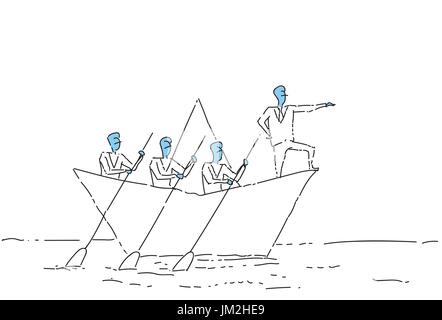 Geschäftsmann führenden Geschäftsleuten Team schwimmen In Papier Boot Teamwork Leadership-Konzept Stock Vektor