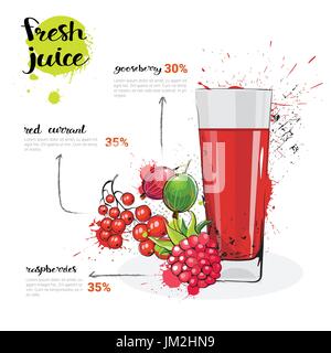 Beeren mixen Cocktail von frischen Saft handgezeichnete Aquarell Obst und Glas auf weißem Hintergrund Stock Vektor