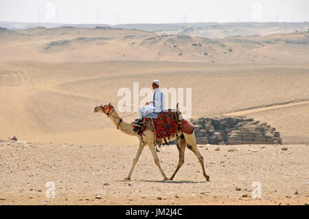 Mann auf einem Kamel in der Nähe der Pyramiden außerhalb Kairo, Ägypten Stockfoto