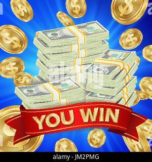 Große Gewinner Hintergrund Vektor. Gold-Münzen Jackpot Illustration. Big Win Banner. Für Online-Casino Karten, Slots, Roulette zu spielen. Geld Banknoten Stacks Stock Vektor