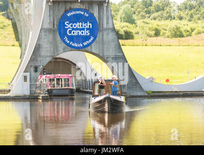 Falkirk Wheel, Schottland - privates Vergnügen narowboat und die rosa Besucher Boot von der Unterseite des Lenkrads Stockfoto