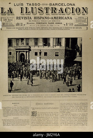 Spanien. Katalonien. Barcelona. Tod von Francesc Rius ich Taulet (1833-1889), spanischer Rechtsanwalt und Politiker. Bürgermeister von Barcelona und der wichtigste Motor für die Weltausstellung von 1888. Trauerzug vor dem Palast der provinziellen Deputation, auf dem Jakobsweg-Platz. "La Ilustracion", Nr. 518. Zu decken. 5. Oktober 1890. Stockfoto