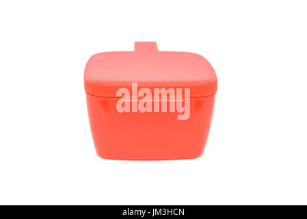Nahaufnahme moderne Plasic-Lebensmittel-Container mit Deckel und Griff isolierten auf weißen Hintergrund Stockfoto