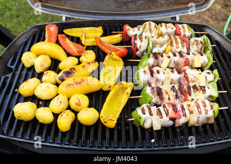 Sortierte gegrilltes Fleisch mit Gemüse über die Kohlen auf einem Grill, close-up. Stockfoto