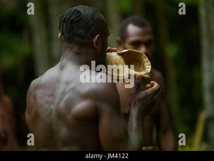 Großen Nambas Stammesangehörige bläst in eine Schale, Provinz Malampa, Malekula Insel, Vanuatu Stockfoto