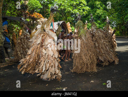 Stammesangehörigen gekleidet in bunte Masken und Kostüme aus den Blättern der Bananenstauden, die Durchführung einer Rom Tanz, Insel Ambrym, Fanla, Vanuatu Stockfoto