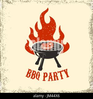 Barbecue-Party. Grill mit Feuer auf Grunge Hintergrund. Gestaltungselement für Poster, Speisekarte. Vektor-Illustration. Stock Vektor