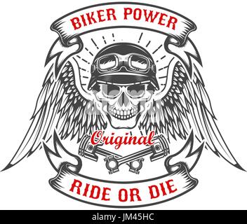 Racer Totenkopf mit Flügeln und zwei gekreuzten Kolben. Biker macht. Fahren oder zu sterben. Gestaltungselement für Poster, T-shirt, Emblem. Vektor-illustration Stock Vektor