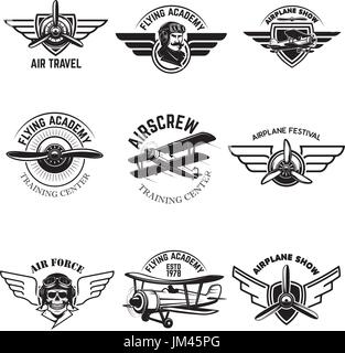 Satz von Luftwaffe, Flugzeug-Show, fliegende Akademie Embleme. Oldtimer Flugzeuge. Design-Elemente für Logos, Abzeichen, Label. Vektor-Illustration. Stock Vektor