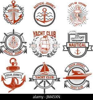 Satz von Yacht Club Etiketten. Nautische. Design-Elemente für Label, Wahrzeichen, Zeichen, Logo, T-shirt. Vektor-Illustration. Stock Vektor