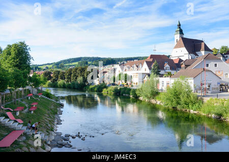 Fluss Erlauf, Altstadt, Kirche, Scheibbs, Mostviertel, Niederösterreich, Niederösterreich, Österreich Stockfoto