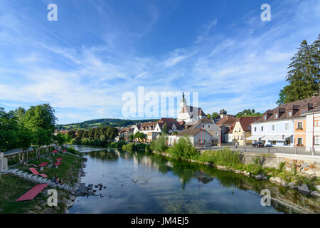 Fluss Erlauf, Altstadt, Kirche, Scheibbs, Mostviertel, Niederösterreich, Niederösterreich, Österreich Stockfoto