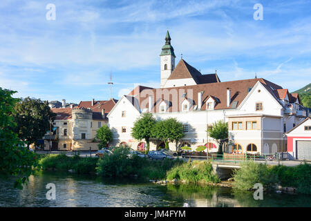 Fluss Erlauf, Altstadt, Kirche, Scheibbs, Mostviertel, Niederösterreich, Niederösterreich, Österreich Stockfoto