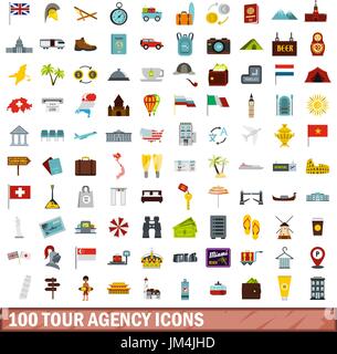 100 Tour Agentur Icons set, flach Stil Stock Vektor