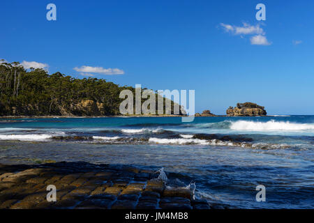 Blick über tessellierte Pflaster auf Clydes Insel bei Eaglehawk Neck auf Tasman Halbinsel, Tasmanien, Australien Stockfoto