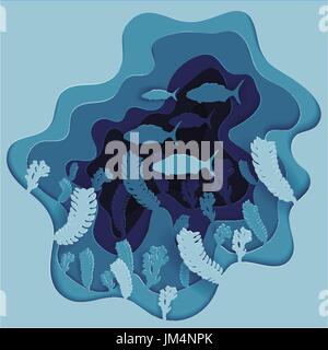 Vektor-Illustration einer Schule der Fische auf dem Meeresgrund in Algen Stock Vektor