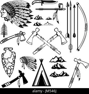 Satz von native americans Waffe. Berge-Symbole. Design-Elemente für Label, Wahrzeichen, Zeichen, Logo, Plakat. Vektor-illustration Stock Vektor