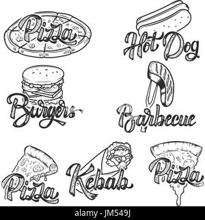 Pizza, Grill, Kebab, Hot-Dog, Hamburger. Satz von Hand gezeichnet-Fast-Food-Embleme. Design-Elemente für Label, Emblem, Zeichen, Logos, Menü. Vektor-illustratio Stock Vektor