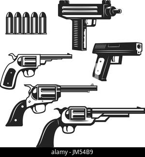 Satz von Pistolen und Revolver isoliert auf weißem Hintergrund. Design-Elemente für Label, Emblem, Logo, Zeichen. Vektor-illustration Stock Vektor