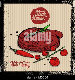 Steak House Plakat Vorlage. Gegrilltes Steak mit Cherry-Tomaten, Chili-Pfeffer, liebster auf Grunge Hintergrund. Design-Elemente für die Speisekarte des Restaurants, p Stock Vektor