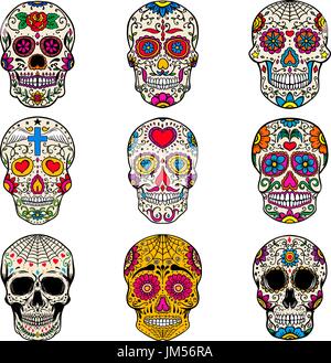 Satz von Zucker Schädel isoliert auf weißem Hintergrund. Tag der Toten. Dia de Los Muertos. Vektor-illustration Stock Vektor