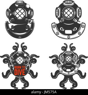 Satz von Vintage Diver Helme. Taucher-Helm mit Tintenfisch Tentakeln. Geboren, um zu tauchen. Design-Elemente für Emblem, Logo, Beschriftung. Vektor-Illustration. Stock Vektor