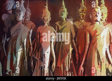 Bildende Kunst Aquarell von Safran drapiert Statuen von buddhistischen Wat in die koloniale Stadt von Vientiane - Laos Stockfoto