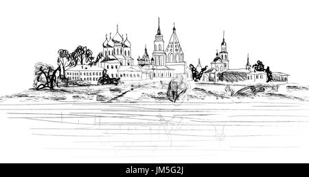 Alte russische Stadt Landschaft Hand gezeichnet Vector Illustration. Susdaler Kreml. Blick von suzdal Stadtbild. den goldenen Ring von Russland. Stockfoto