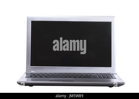 Hautnah auf einer offenen Laptop-Computer mit leeren schwarzen Bildschirm in einer niedrigen Winkel Ansicht für Ihre Werbung oder Präsentation isoliert auf weiss Stockfoto
