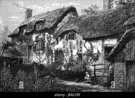 1870: Anne Hathaway Cottage ist ein zwölf-Zimmer Bauernhaus, wo Anne Hathaway, die Ehefrau von William Shakespeare, als Kind in dem Dorf Shottery lebte. Der älteste Teil des Hauses wurde vor dem 15. Jahrhundert errichtet; das obere Teil ist 17. Jahrhundert. Das Haus wurde als Hewlands Farm in Shakespeares Tag bekannt und befindet sich ca. 1 Meile (1,6 km) westlich von Stratford-upon-Avon. Warwickshire, England Stockfoto