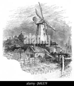 1870: die alte Windmühle, AKA Gibbet Mühle oder Barrys Mühle. Eine Mühle hat seit 1596 an der Stelle stand, und eine Bockwindmühle ist bekannt, hier im Jahre 1758 gebaut worden. Galgen-Mühle wurde im Jahre 1824, den Namen Barry Mühle aus einer frühen Miller gebaut. Roggen, einer kleinen Stadt in East Sussex, innerhalb der historischen Grafschaft Sussex, England. Stockfoto