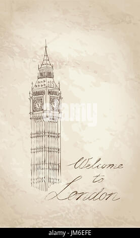 Londoner Wahrzeichen. Landschaft von London. Big Ben-Tower. Handskizze Vektorgrafik. Stockfoto